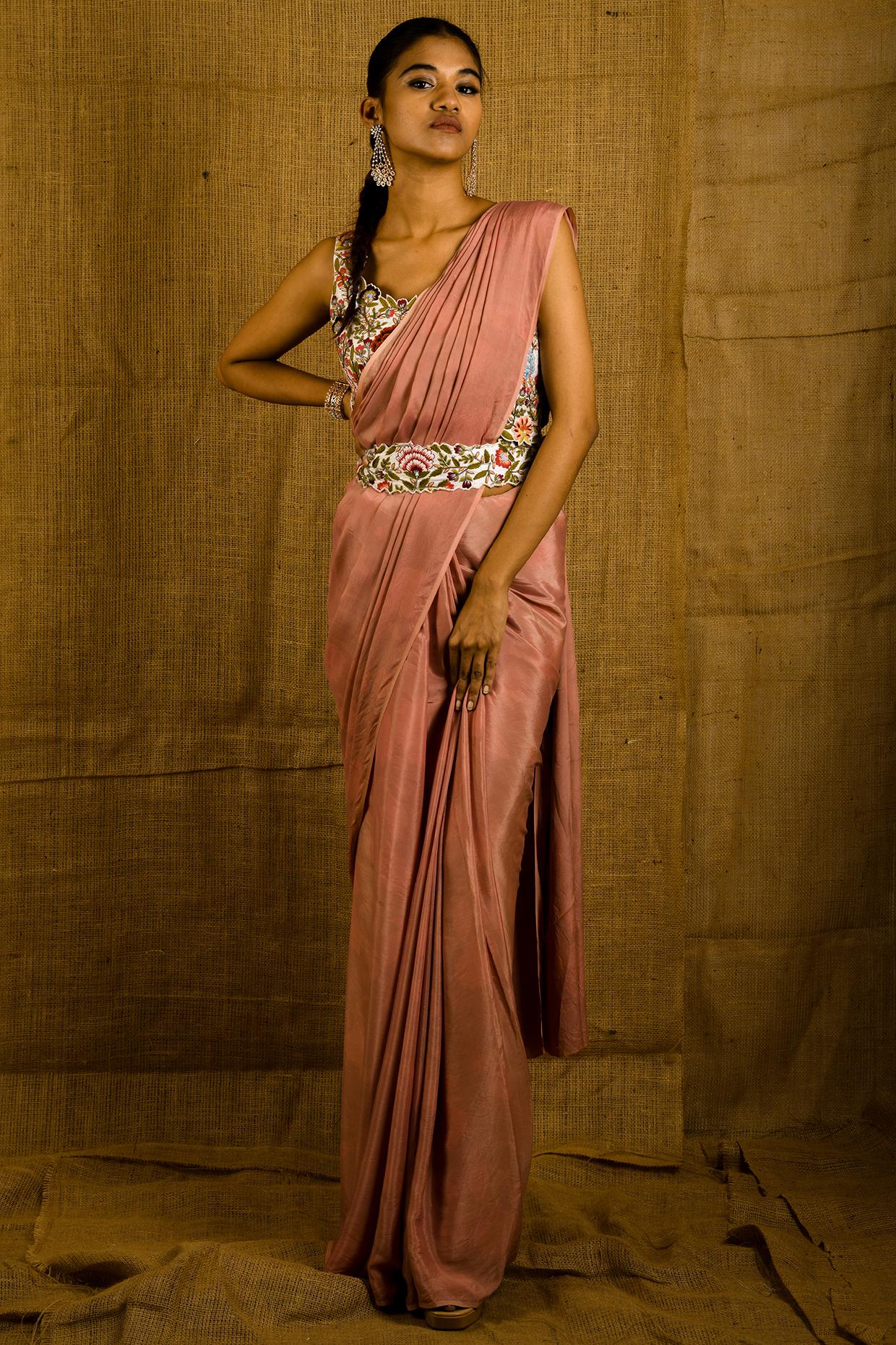 Rustic Pink Crepe Saree Set by Shloka Sudhakar