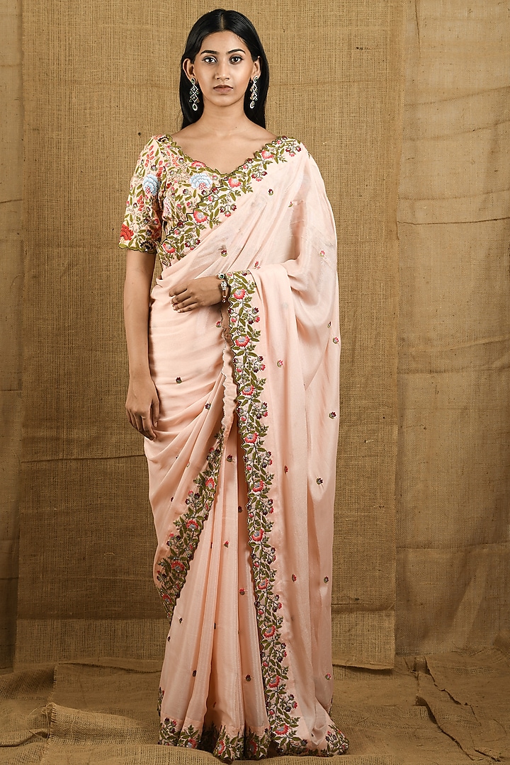 Peach Embroidered Saree Set by Shloka Sudhakar