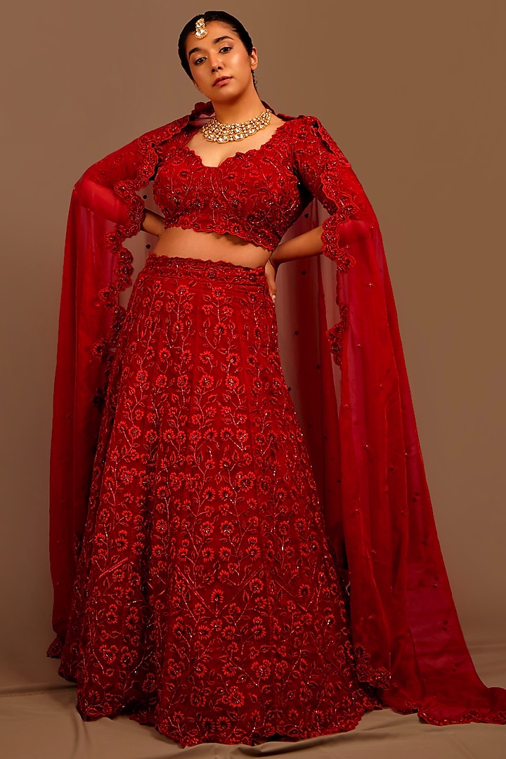 Dark Red Organza & Net Embroidered Bridal Lehenga Set by Shloka Sudhakar at Pernia's Pop Up Shop