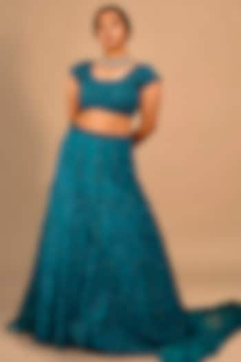 Teal Blue Organza & Net Embroidered Wedding Lehenga Set by Shloka Sudhakar at Pernia's Pop Up Shop