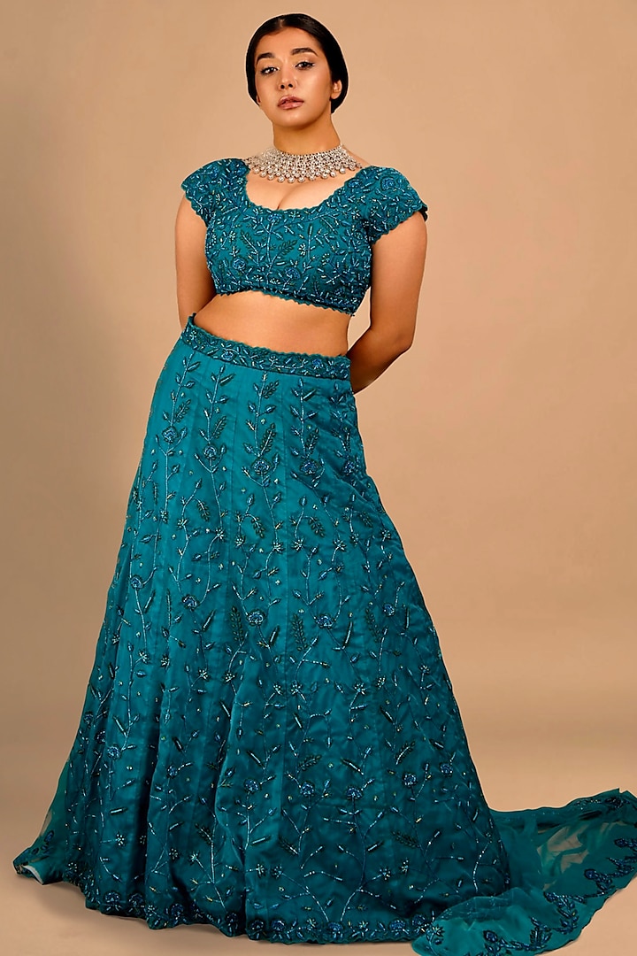 Teal Blue Organza & Net Embroidered Wedding Lehenga Set by Shloka Sudhakar at Pernia's Pop Up Shop