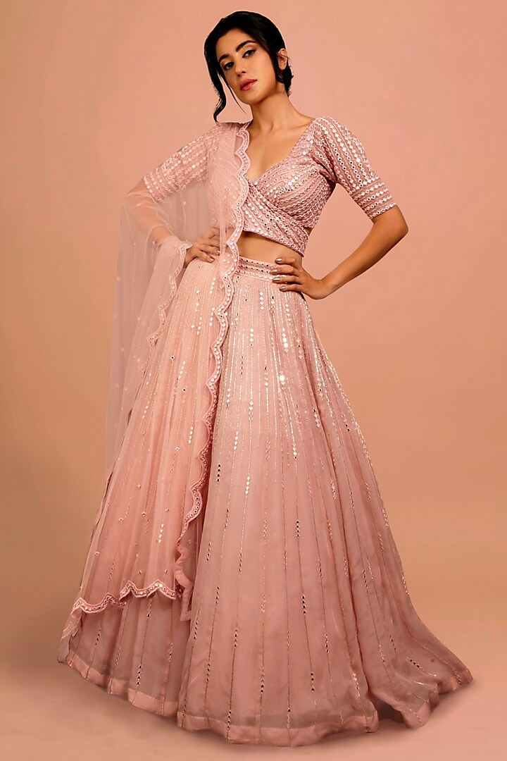 Champagne Pink Organza & Net Embroidered Bridal Lehenga Set by Shloka Sudhakar at Pernia's Pop Up Shop