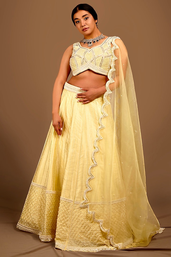 Light Yellow Raw Silk Embroidered Wedding Lehenga Set by Shloka Sudhakar at Pernia's Pop Up Shop