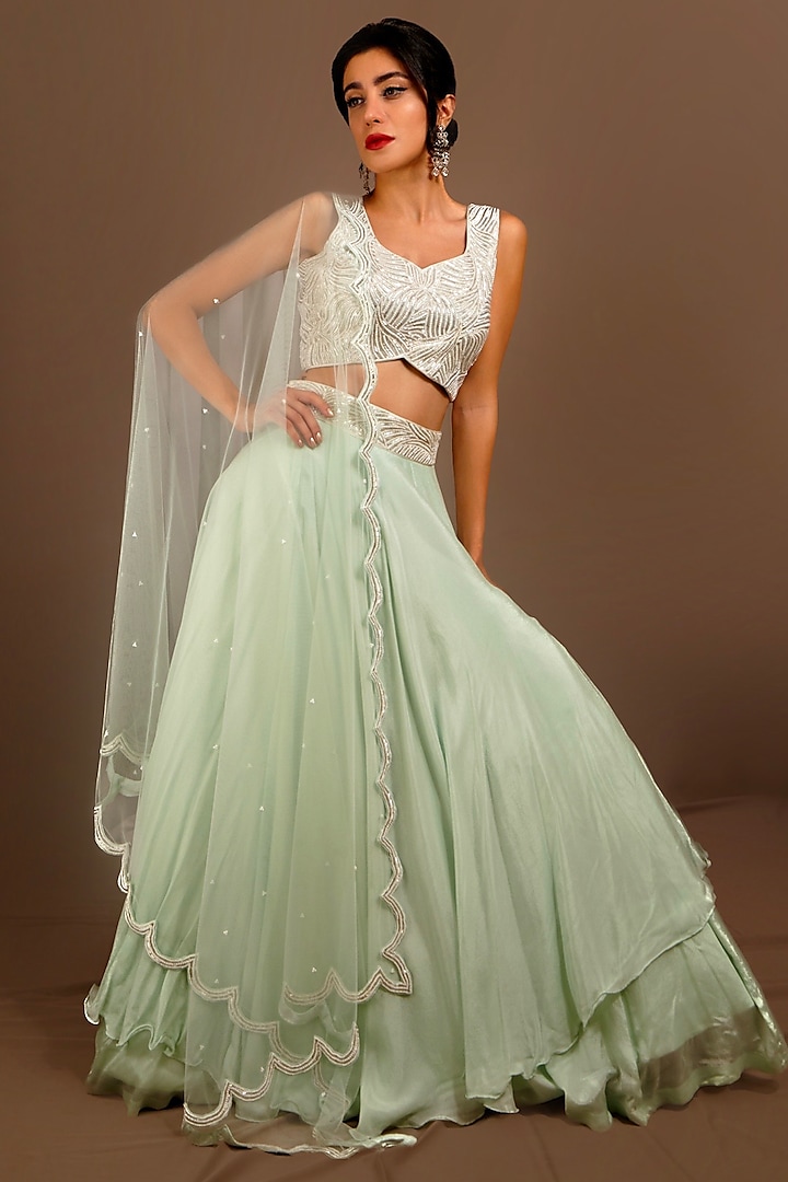 Light Mint Blue Chinon Crepe Wedding Lehenga Set by Shloka Sudhakar at Pernia's Pop Up Shop