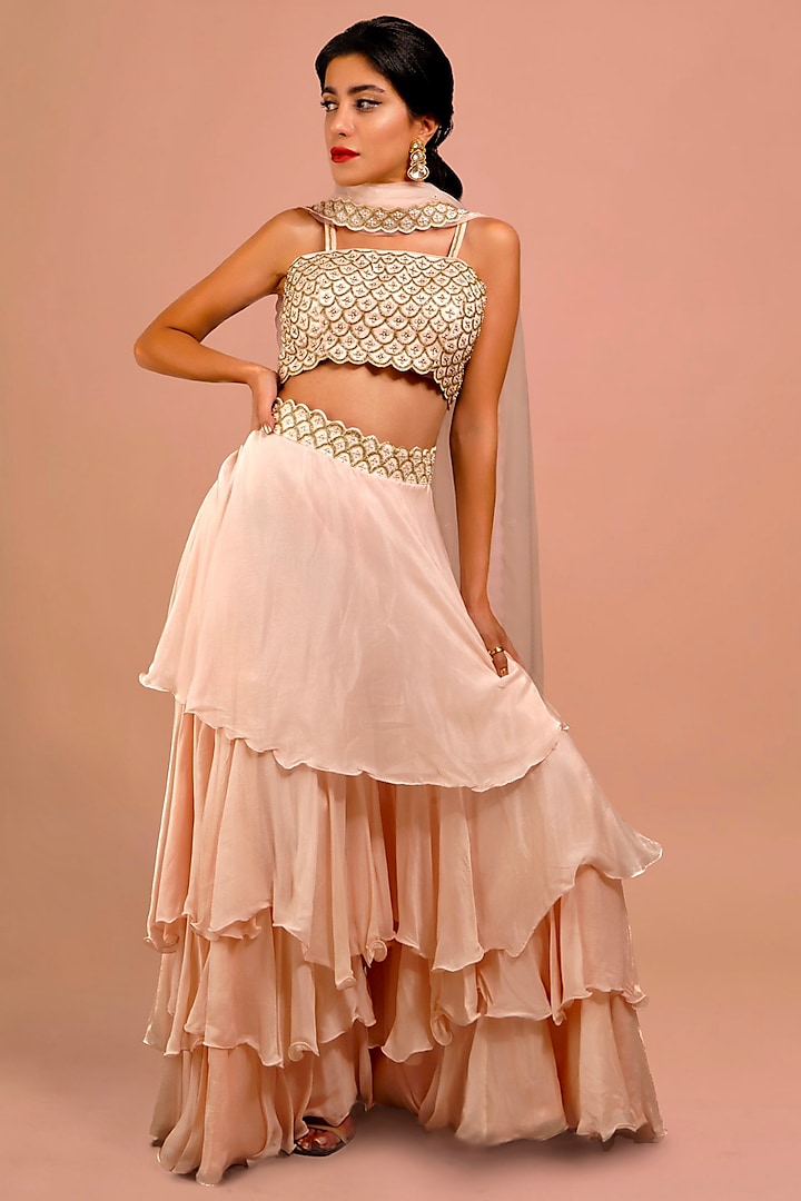 Light Peach Chinon Ruffled Pant Set by Shloka Sudhakar at Pernia's Pop Up Shop