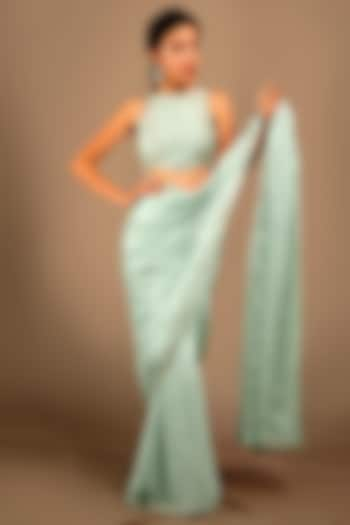 Mint Blue Raw Silk & Chinon Embroidered Saree Set by Shloka Sudhakar at Pernia's Pop Up Shop