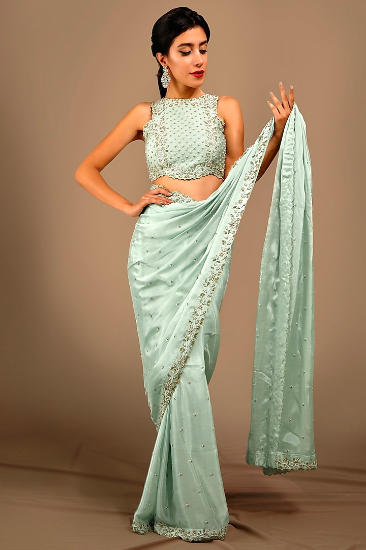 Mint Blue Raw Silk & Chinon Embroidered Saree Set by Shloka Sudhakar at Pernia's Pop Up Shop