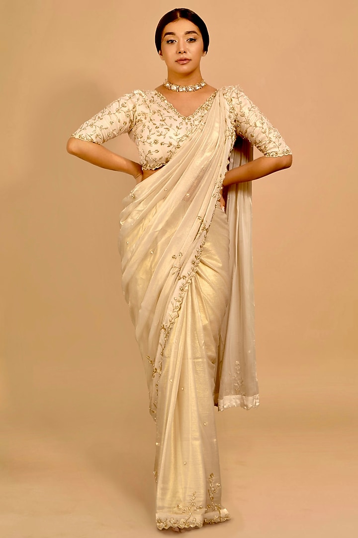 Off-White Shimmer Georgette Embroidered Saree Set by Shloka Sudhakar