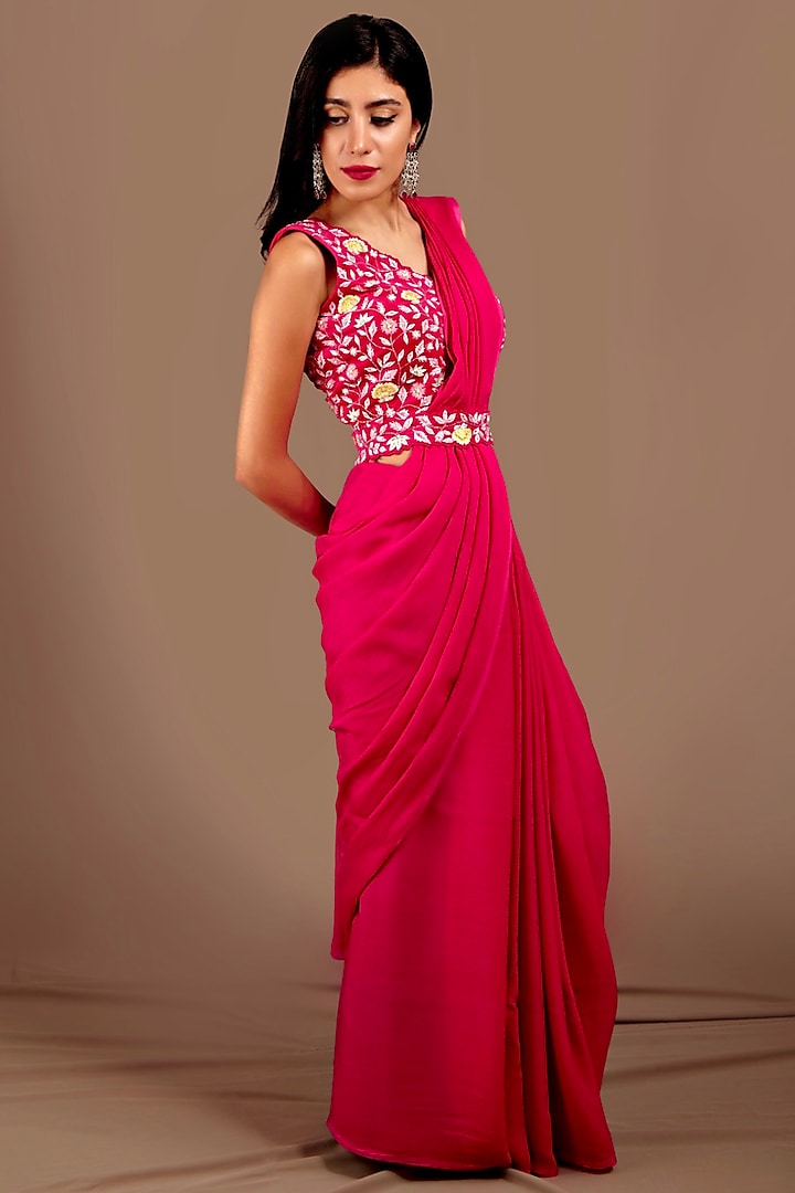 Bright Pink Chinon & Suede Saree Set by Shloka Sudhakar at Pernia's Pop Up Shop