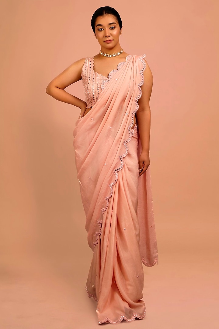 Light Pink Chinon & Raw Silk Embroidered Saree Set by Shloka Sudhakar at Pernia's Pop Up Shop