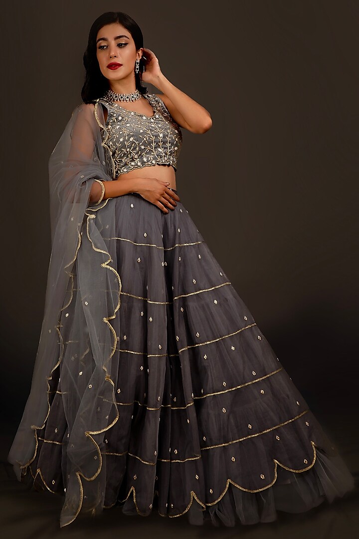 Grey Organza & Net Embroidered Wedding Lehenga Set by Shloka Sudhakar at Pernia's Pop Up Shop