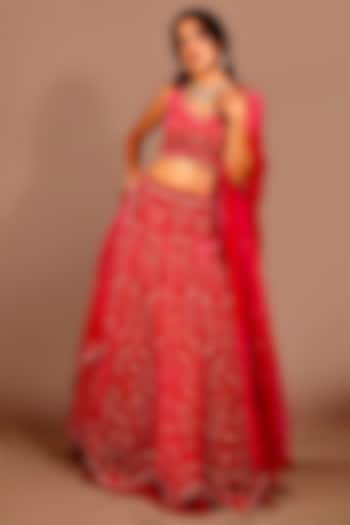 Bright Pink Net & Suede Embroidered Wedding Lehenga Set by Shloka Sudhakar at Pernia's Pop Up Shop