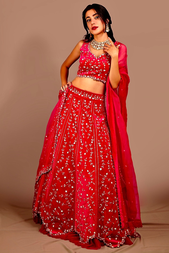 Bright Pink Net & Suede Embroidered Wedding Lehenga Set by Shloka Sudhakar at Pernia's Pop Up Shop