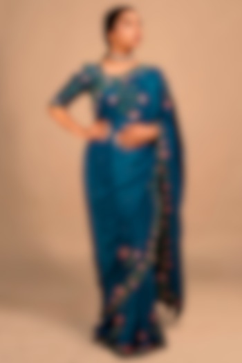 Teal Blue Crepe Embroidered Saree Set by Shloka Sudhakar at Pernia's Pop Up Shop