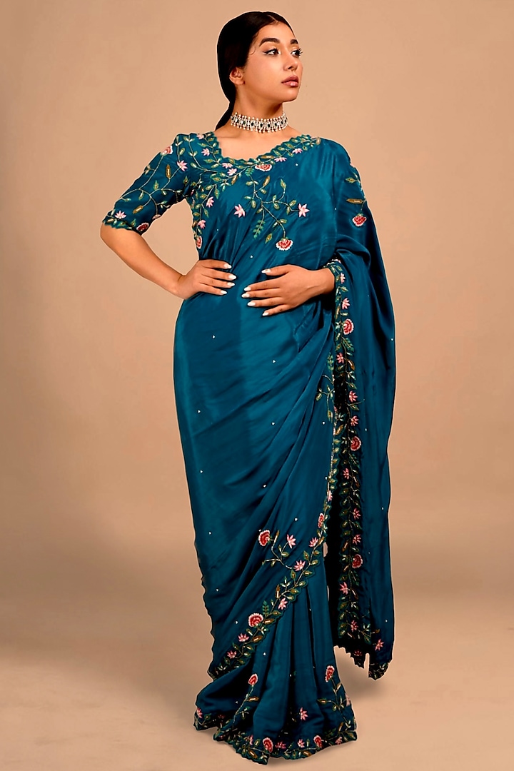 Teal Blue Crepe Embroidered Saree Set by Shloka Sudhakar at Pernia's Pop Up Shop