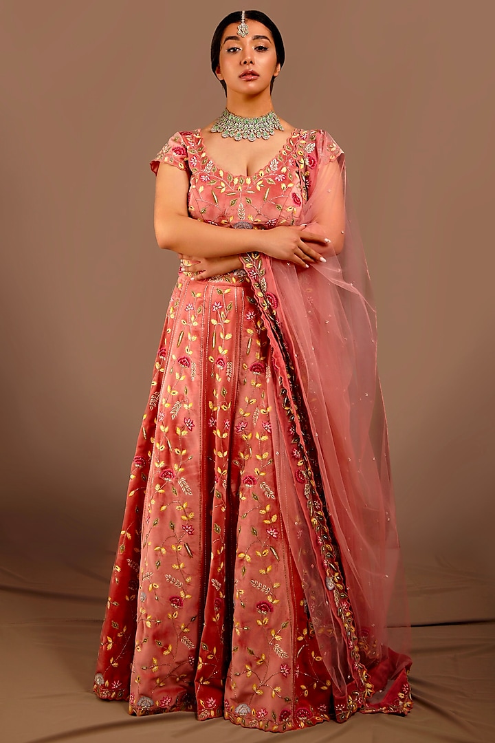 Pink Suede Embroidered Wedding Lehenga Set by Shloka Sudhakar at Pernia's Pop Up Shop