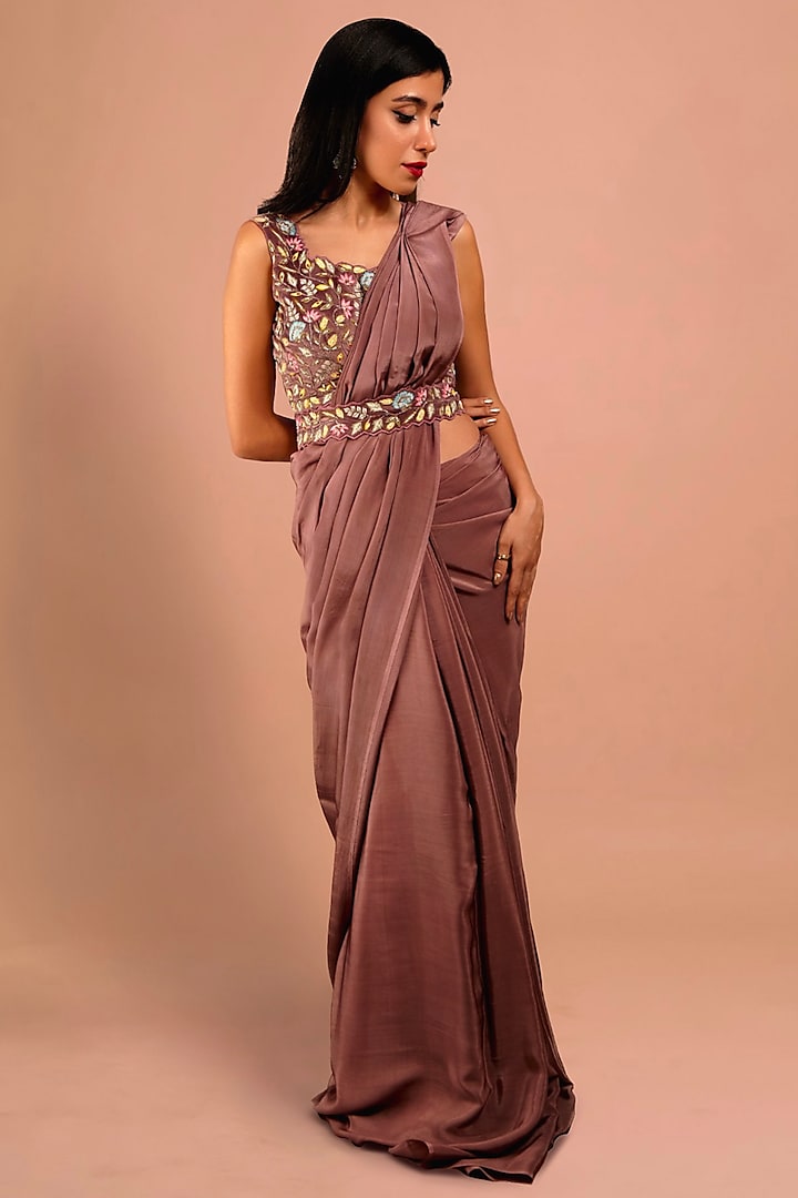 Light Purple Crepe & Suede Saree Set by Shloka Sudhakar