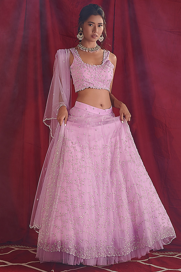 Lavender Hand Embroidered Lehenga Set by Shloka Sudhakar