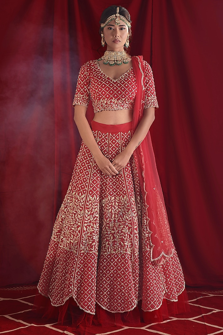 Red Hand & Machine Embroidered Lehenga Set by Shloka Sudhakar