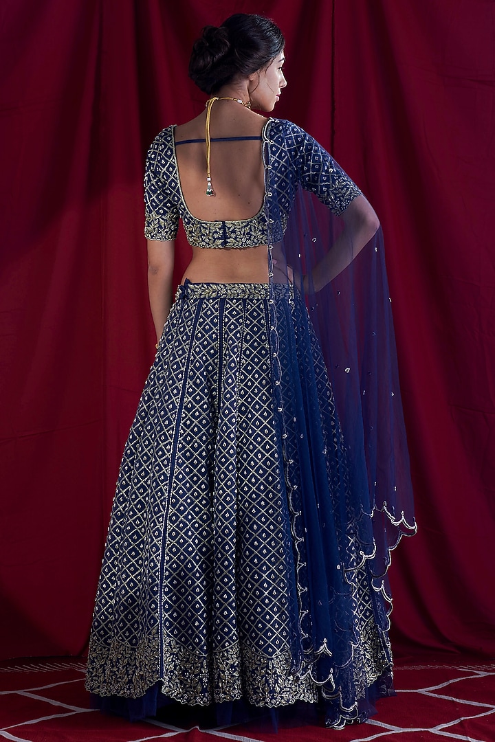 Navy Blue Hand & Machine Embroidered Bridal Lehenga Set by Shloka Sudhakar at Pernia's Pop Up Shop