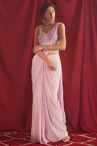 Lavender Crepe & Chinon Saree Set by Shloka Sudhakar