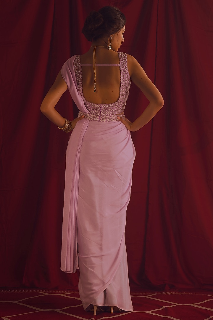Lavender Crepe & Chinon Party Wear Saree Set by Shloka Sudhakar at Pernia's Pop Up Shop