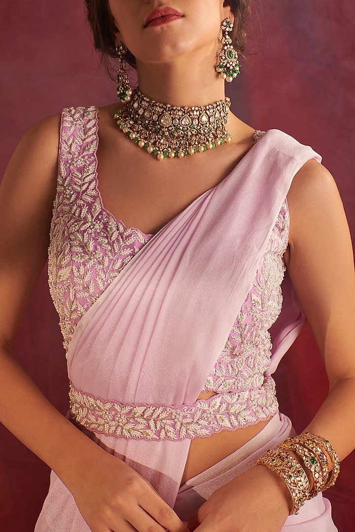 Lavender Crepe & Chinon Party Wear Saree Set by Shloka Sudhakar at Pernia's Pop Up Shop