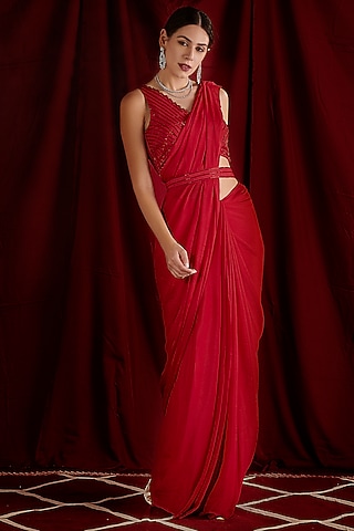 Red Crepe & Chinon Saree Set by Shloka Sudhakar