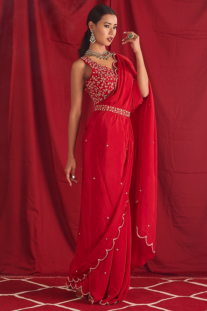 Red Hand Embroidered Saree Set by Shloka Sudhakar