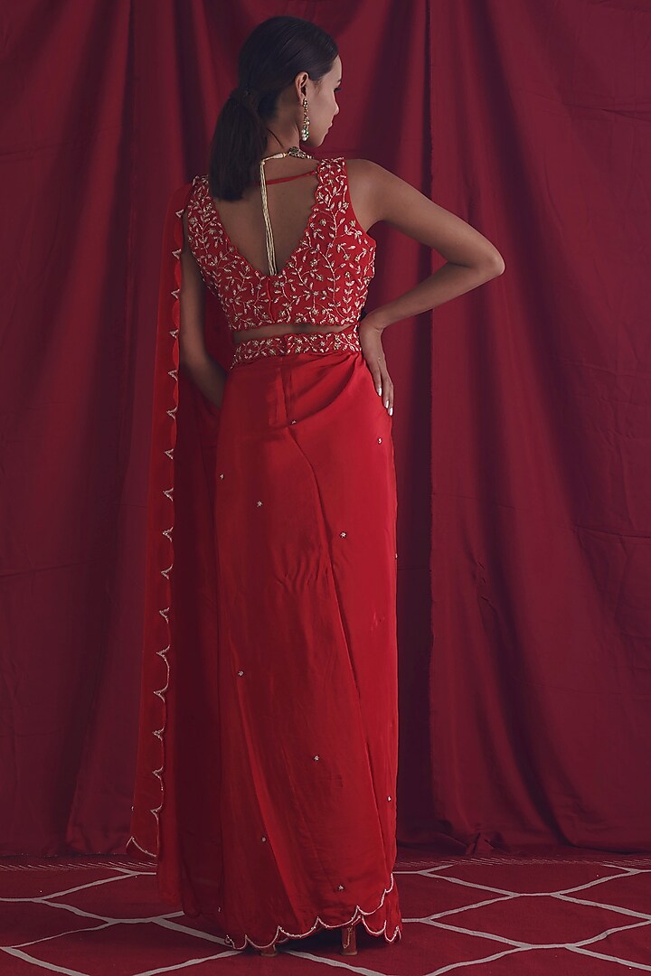 Red Hand Embroidered Wedding Saree Set by Shloka Sudhakar at Pernia's Pop Up Shop