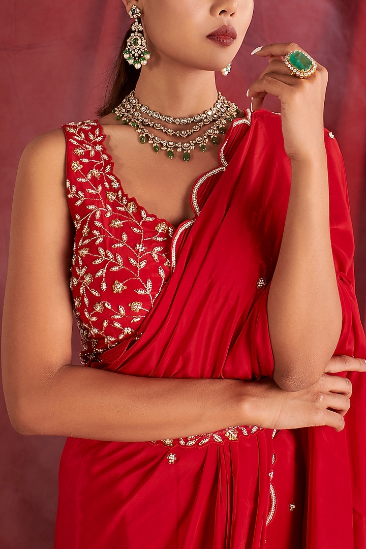 Red Hand Embroidered Wedding Saree Set by Shloka Sudhakar at Pernia's Pop Up Shop