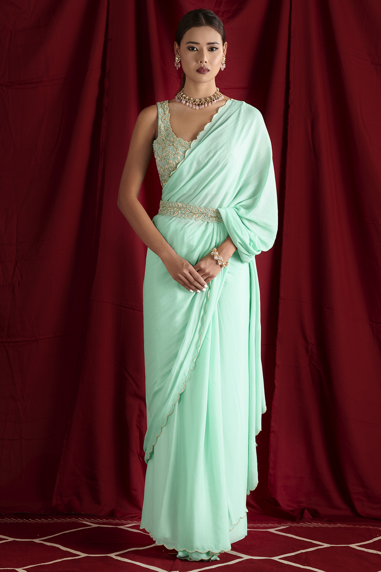 Turquoise Crepe & Chinon Saree Set by Shloka Sudhakar