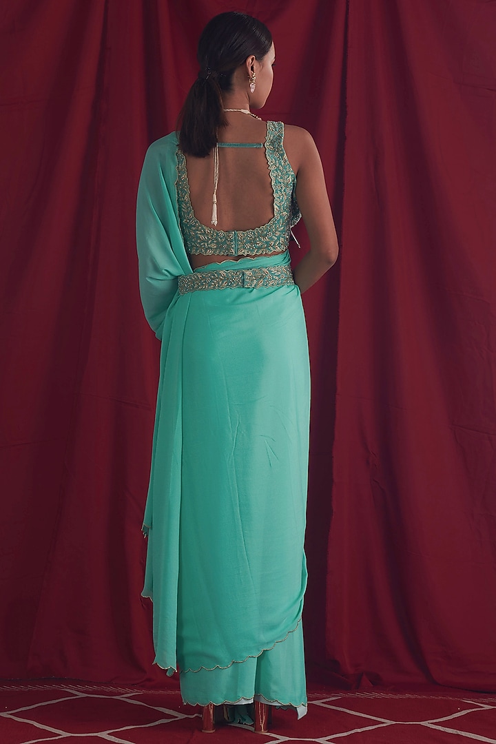 Turquoise Crepe & Chinon Party Wear Saree Set by Shloka Sudhakar at Pernia's Pop Up Shop