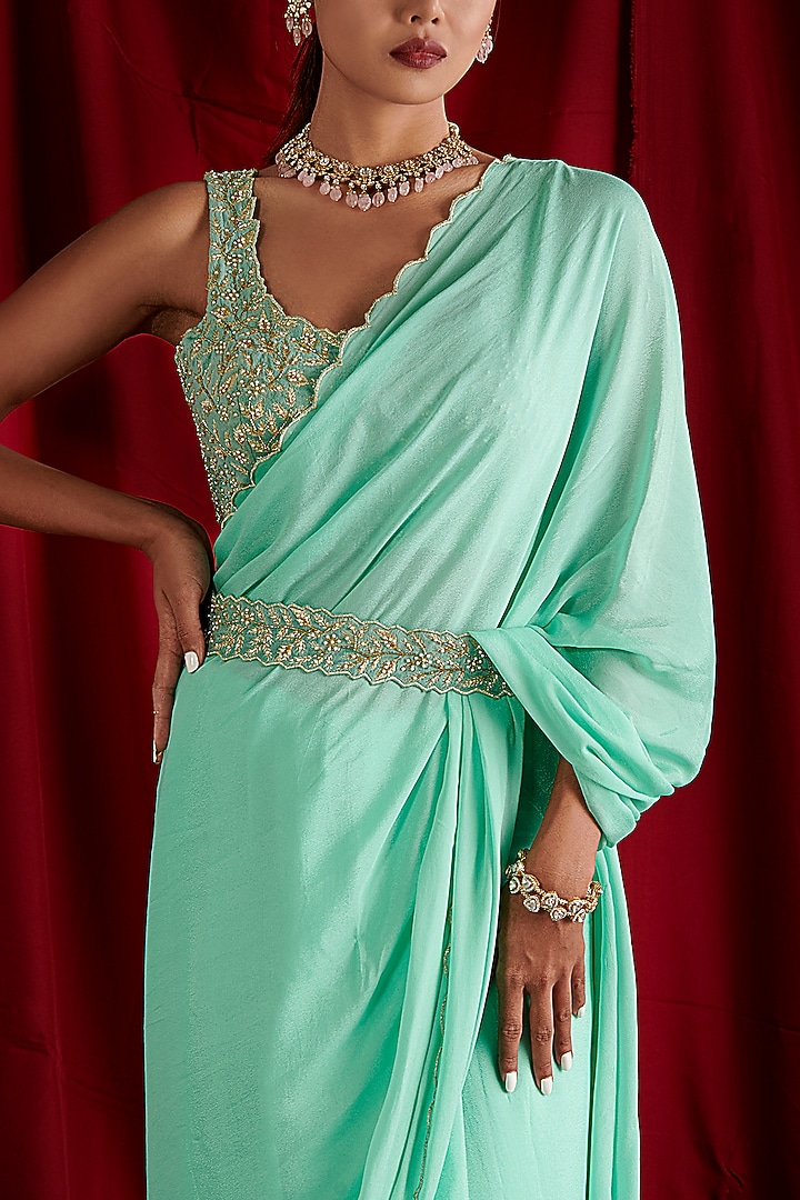 Turquoise Crepe & Chinon Party Wear Saree Set by Shloka Sudhakar at Pernia's Pop Up Shop