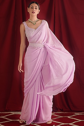 Lavender Chinon & Crepe Saree Set by Shloka Sudhakar