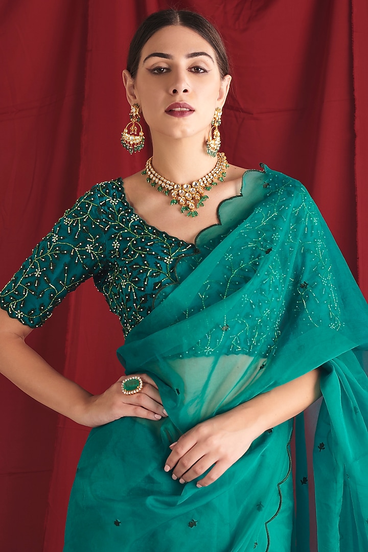 Bottle Organza Green Hand Embroidered Wedding Saree Set by Shloka Sudhakar at Pernia's Pop Up Shop