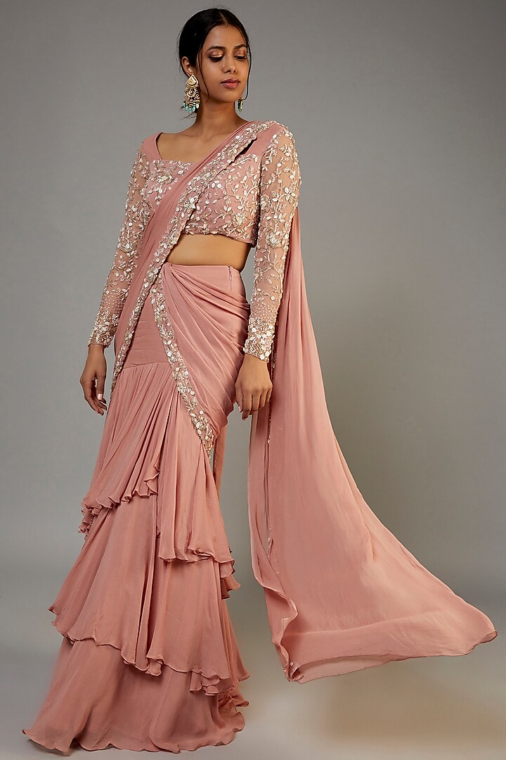 Soft Pink Georgette Embroidered Layered Pre-Stitched Saree Set by SHLOKA KHIALANI at Pernia's Pop Up Shop