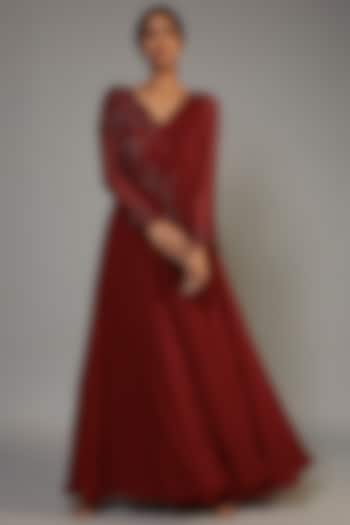 Deep Red Georgette Embellished Gown by SHLOKA KHIALANI