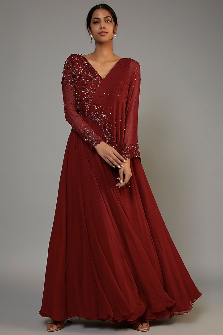 Deep Red Georgette Embellished Gown by SHLOKA KHIALANI