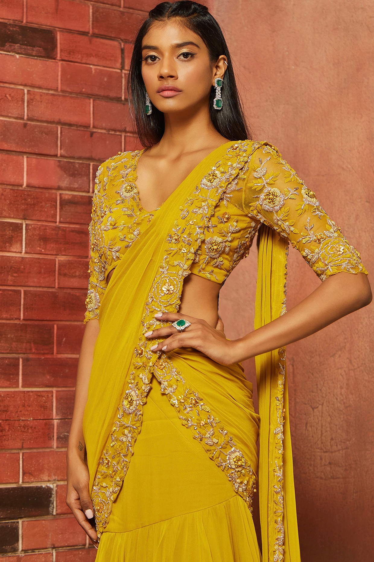 Yellow Embellished Saree Set Design by 