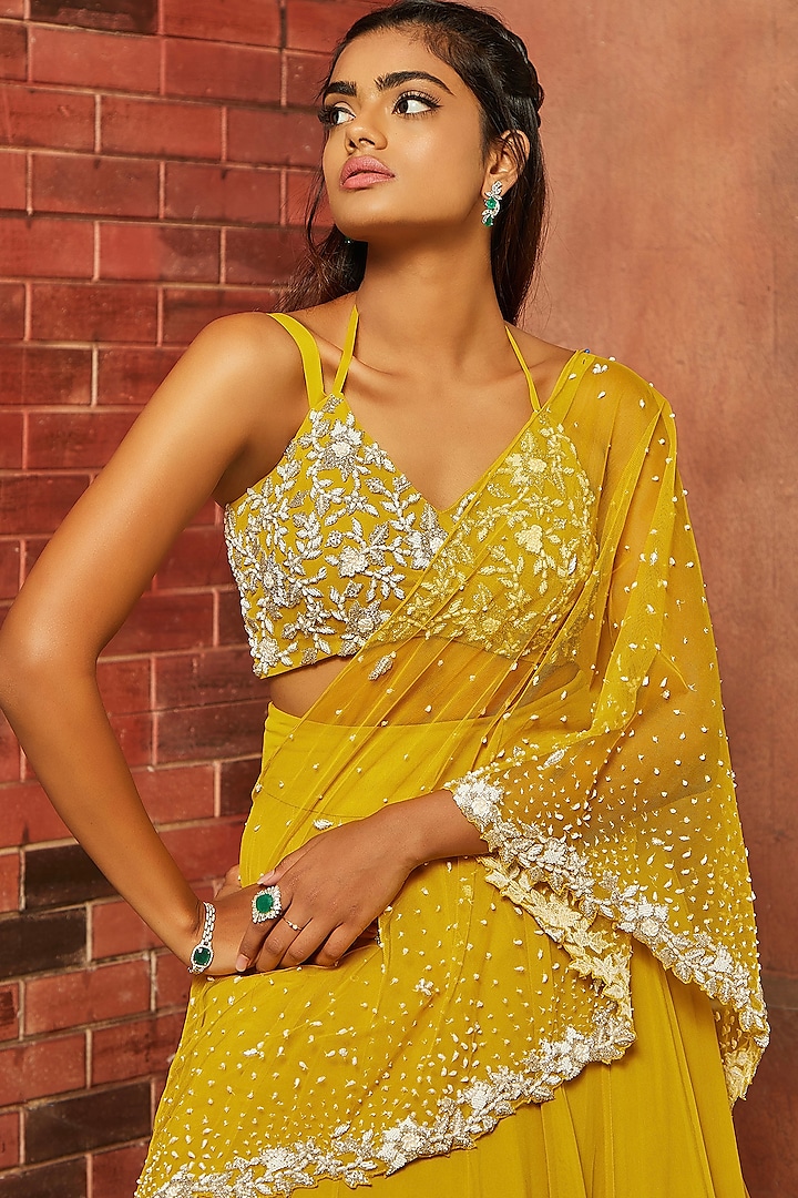 Yellow Embellished Saree Set Design by SHLOKA KHIALANI at Pernia's