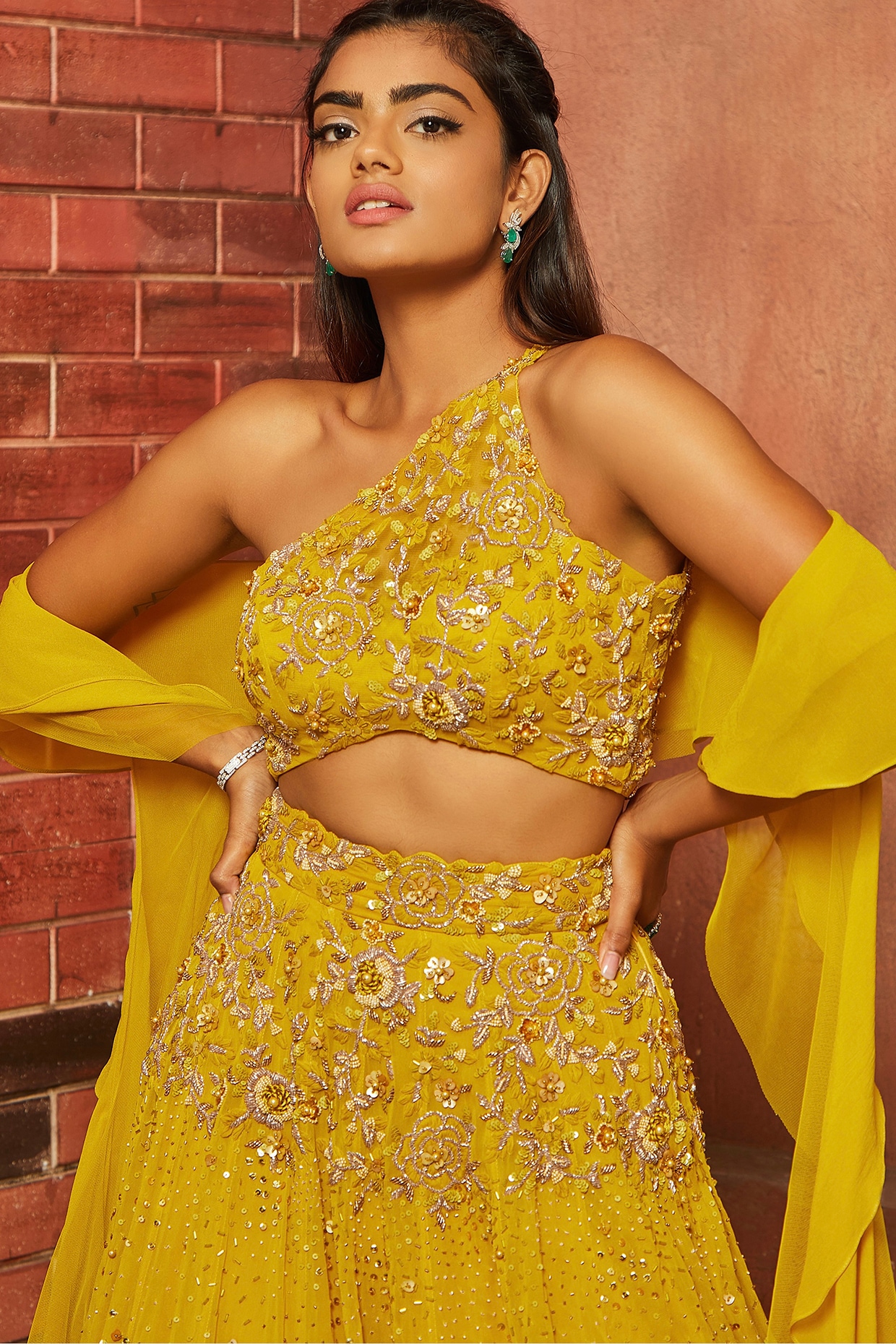Buy Yellow Blouse: Net Embroidered Floral Organza And Chiffon Lehenga Set  For Women by Ridhi Mehra Online… | Haldi outfits, Haldi dress ideas, Trendy  outfits indian