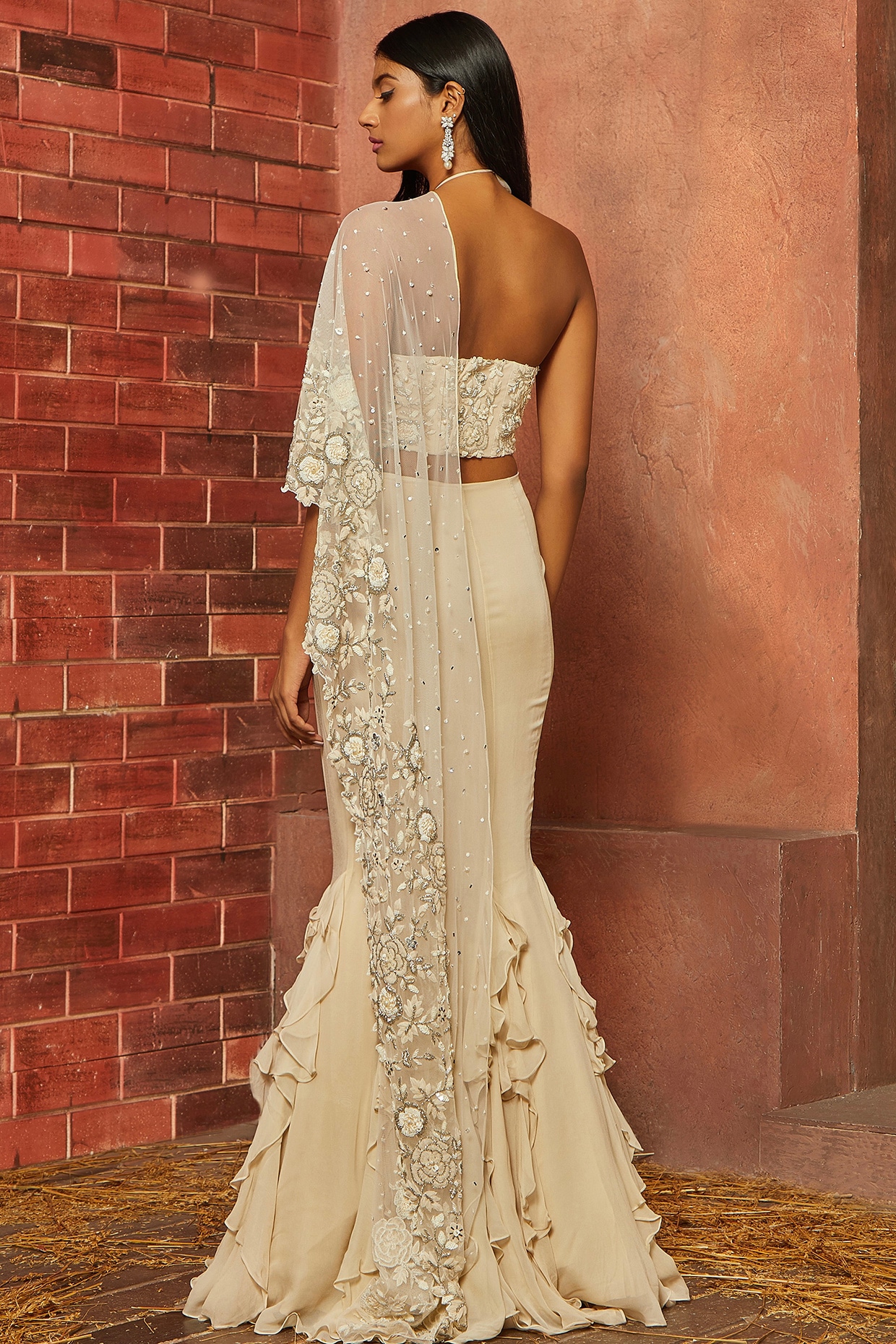 Ivory Georgette Net Embellished Fishtail Skirt Set by SHLOKA KHIALANI at Pernia s Pop Up Shop