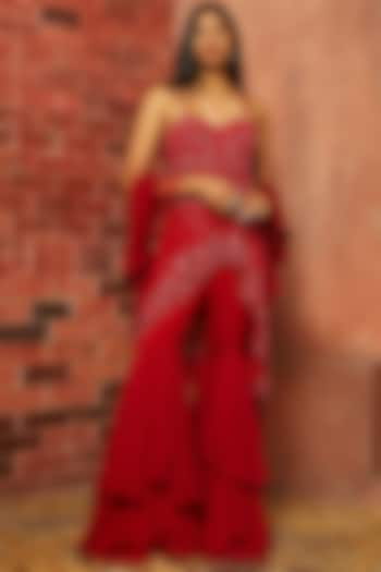 Red Georgette & Net Sharara Set by SHLOKA KHIALANI at Pernia's Pop Up Shop