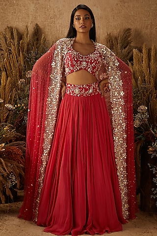 Coral Georgette Embellished Lehenga Set by SHLOKA KHIALANI