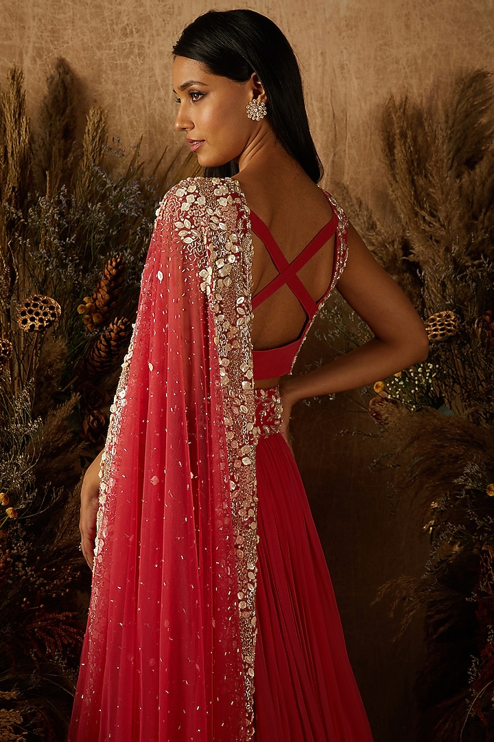 Coral Georgette Embellished Wedding Lehenga Set by SHLOKA KHIALANI at Pernia's Pop Up Shop