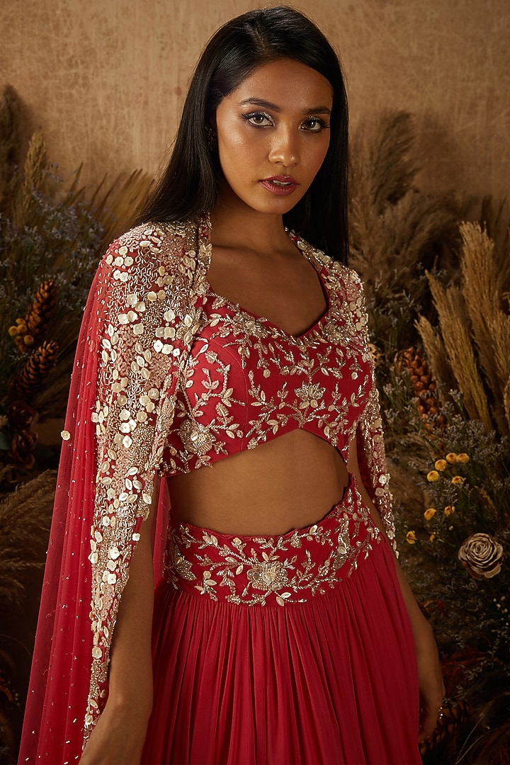 Coral Georgette Embellished Wedding Lehenga Set by SHLOKA KHIALANI at Pernia's Pop Up Shop