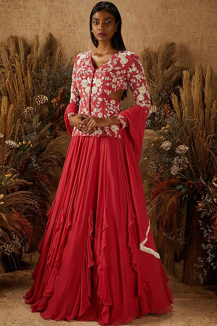 Coral Georgette Ruffled Embellished Jacket Lehenga Set by SHLOKA KHIALANI