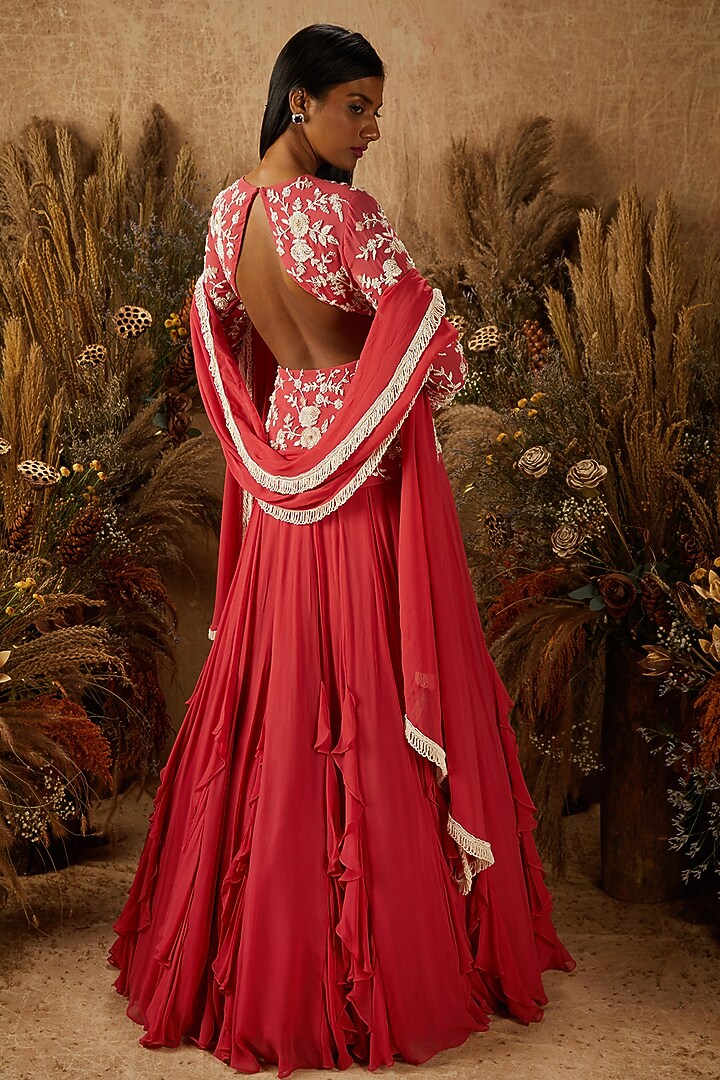 Coral Georgette Ruffled Embellished Jacket Wedding Lehenga Set by SHLOKA KHIALANI at Pernia's Pop Up Shop