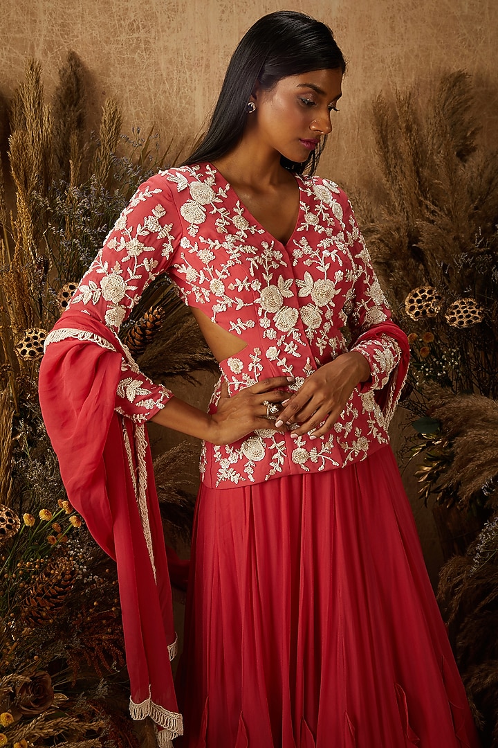 Coral Georgette Ruffled Embellished Jacket Wedding Lehenga Set by SHLOKA KHIALANI at Pernia's Pop Up Shop